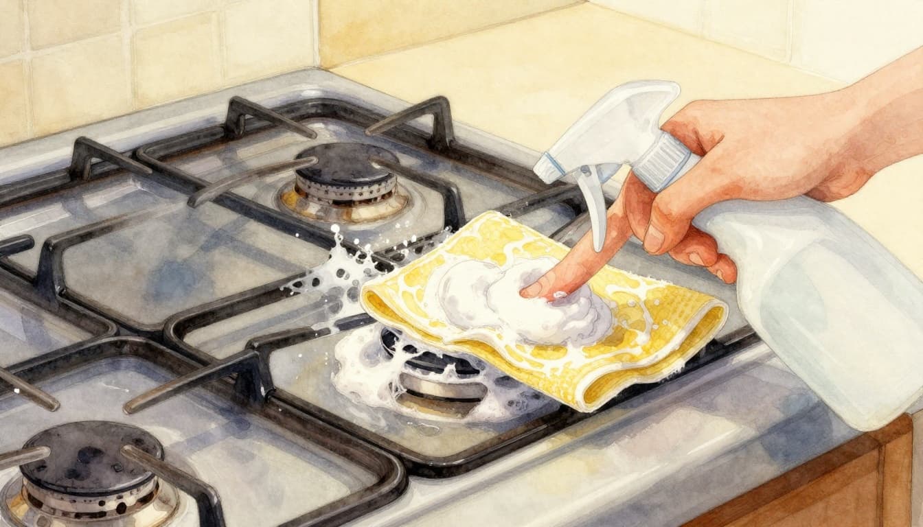 Close-up watercolor illustration of a stovetop being cleaned with baking soda paste on greasy burner grates and surface, soft cloth and spray bottle nearby, suds forming. Dynamic composition in muted earth tones with warm kitchen lighting.
