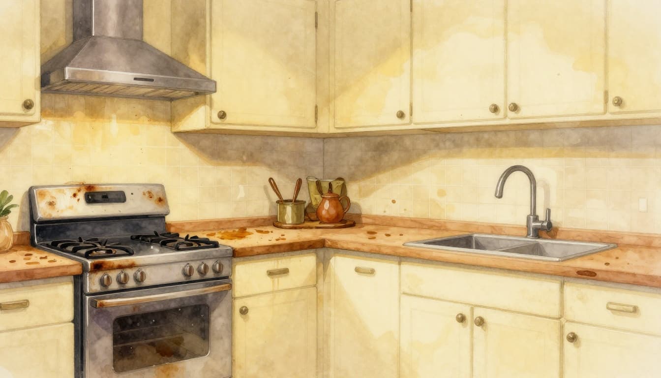 Watercolor illustration of a cozy modern kitchen interior highlighting common grease accumulation areas like stovetop, range hood, cabinets, backsplash, and floor from a wide-angle corner view.