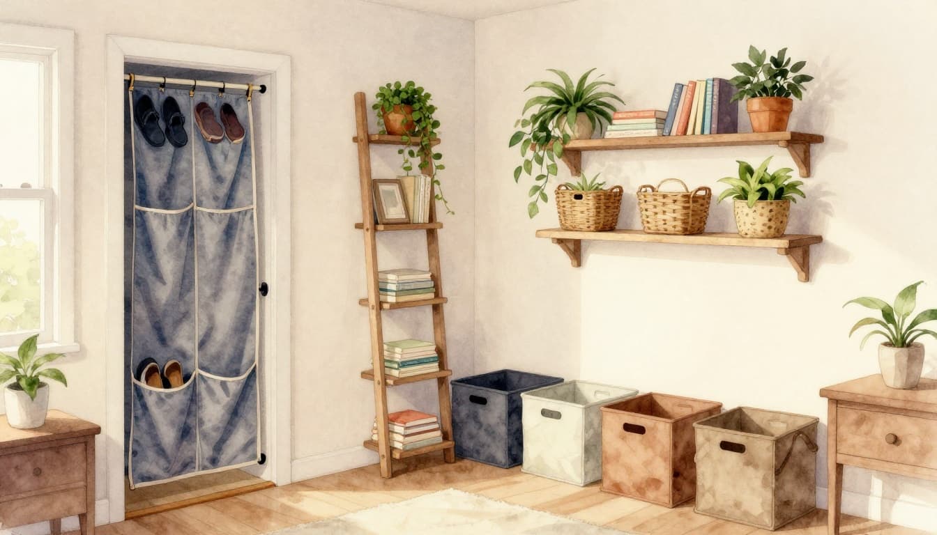 Watercolor illustration of a cozy small living room with vertical ladder shelves stocked with books and plants, over-the-door shoe organizer, under-bed storage bins peeking out, and floating wall shelves with baskets.