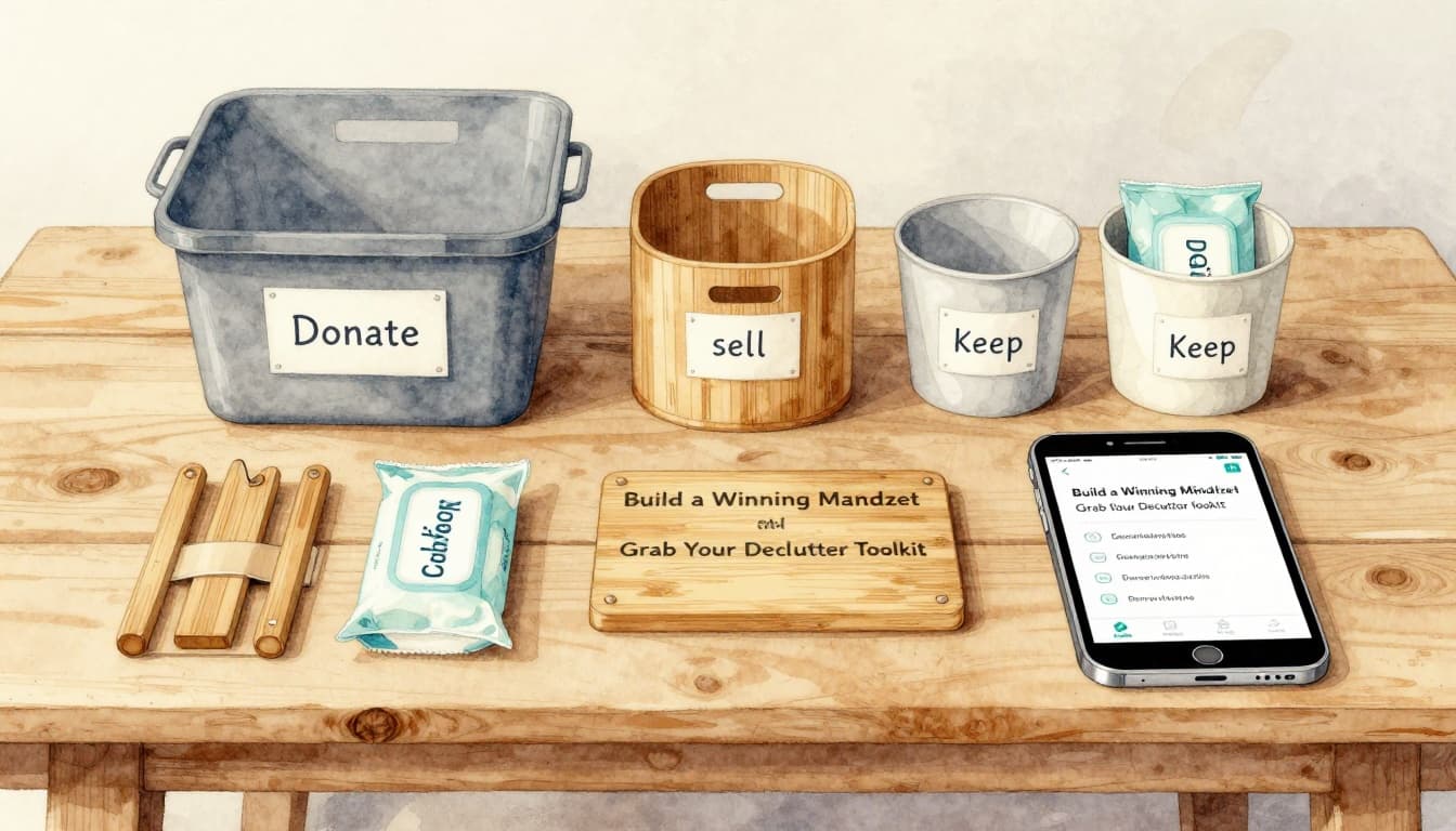 Top-down watercolor illustration of declutter tools on a rustic wooden table: labeled sorting boxes, cleaning wipes, bamboo bin, magnetic knife strip, and smartphone app. Soft blending, earth tones, no text visible.