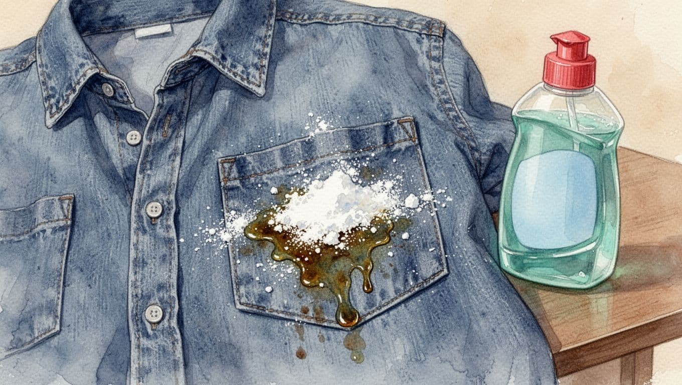 Greasy oil stain on a denim shirt pocket sprinkled with white baking soda powder, dish soap bottle nearby, in watercolor style with soft beige background.