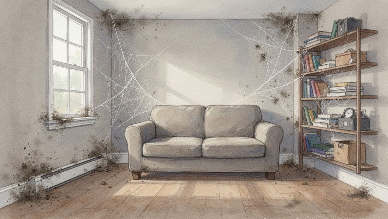 Watercolor-style wide-angle view of a living room's overlooked dusty areas, featuring thick dust on baseboards, cobwebs behind a sofa, and grime on cluttered shelves under soft indoor lighting with muted neutrals and brush textures.