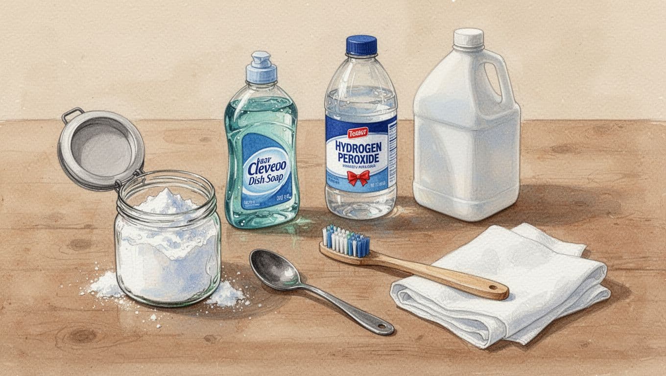Arrangement of essential household items for removing clothing stains including baking soda, dish soap, hydrogen peroxide, vinegar, toothbrush, spoon, and cloths on a wooden kitchen table, rendered in watercolor style with soft blending and beige background.