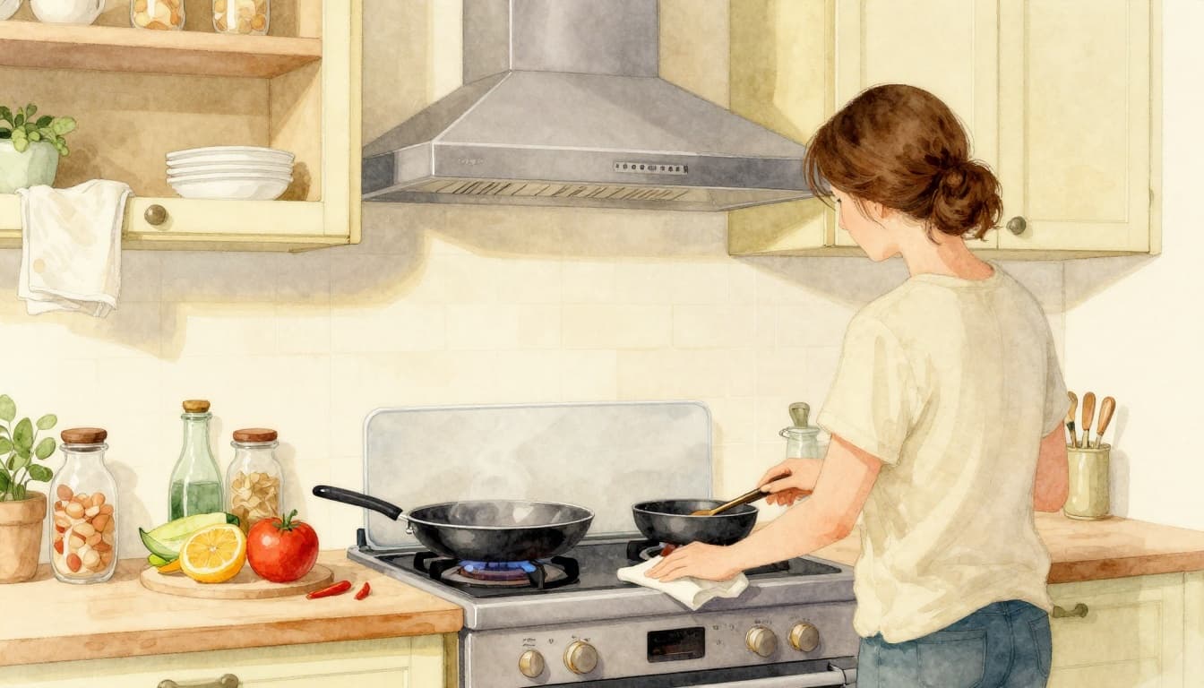 Watercolor style image of a bright clean kitchen showing active cooking from back view with prevention tools like splatter screen on frying pan, running range hood fan, wiping cloth, and fresh ingredients to stop grease buildup.