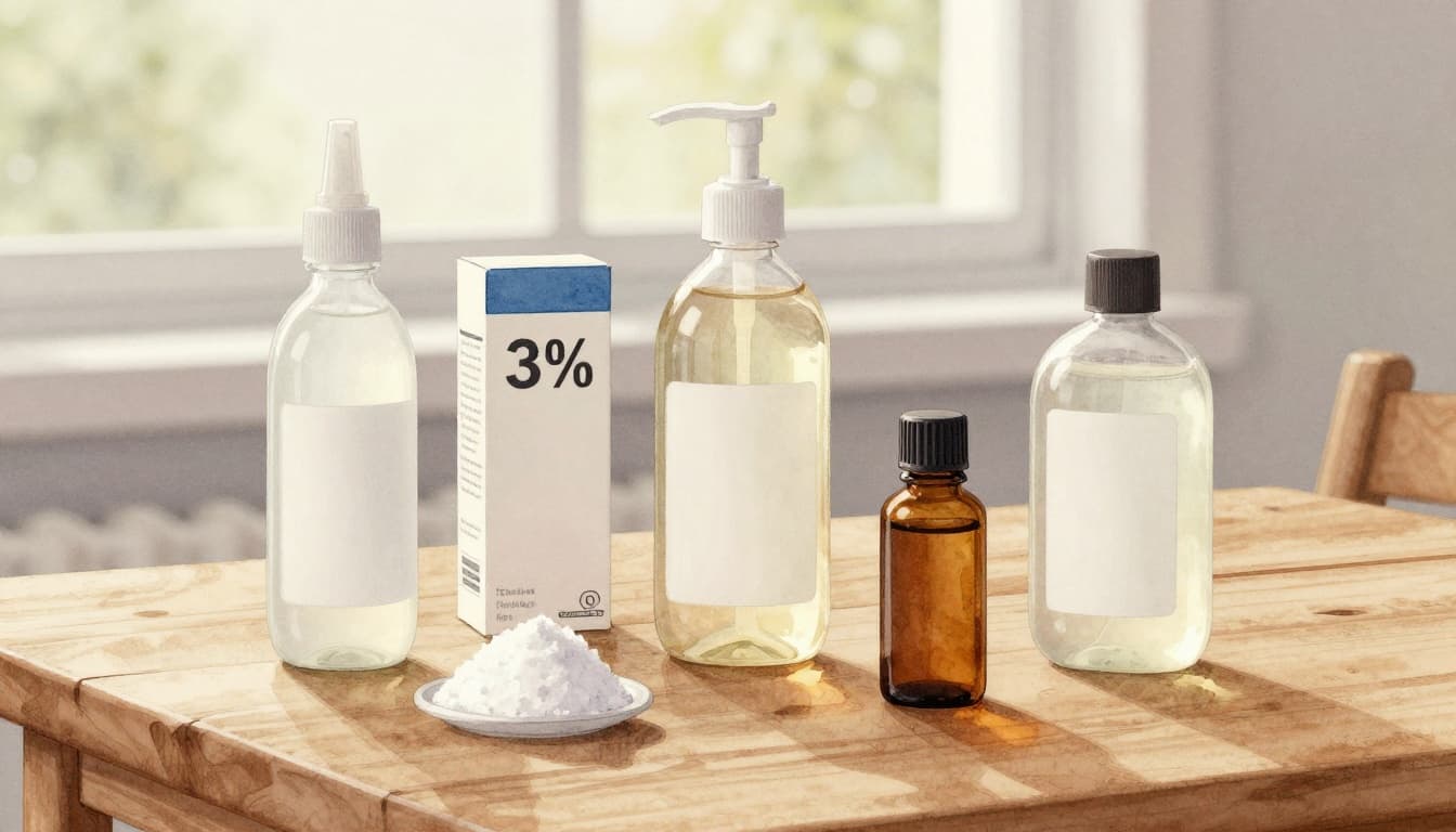Neat arrangement of white vinegar, hydrogen peroxide, baking soda, tea tree oil, and rubbing alcohol on a wooden kitchen table in watercolor style with soft natural light.