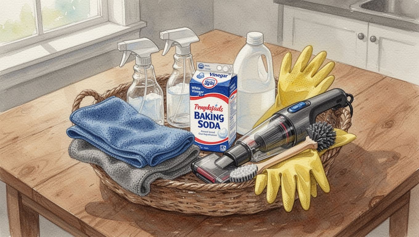 Neatly arranged beginner cleaning kit on a wooden kitchen table, including microfiber cloths, spray bottles, baking soda, vinegar, gloves, vacuum, and scrub brush in a basket. Watercolor style with soft earth tones, natural morning light, top-down view.
