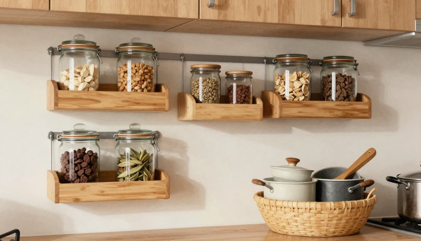 Watercolor illustration of a sunlit modern kitchen counter featuring a bamboo utensil tray, magnetic knife strip on the backsplash, glass jars with dry goods, and grouped pots in a natural basket below, showcasing a clean, clutter-free organization.