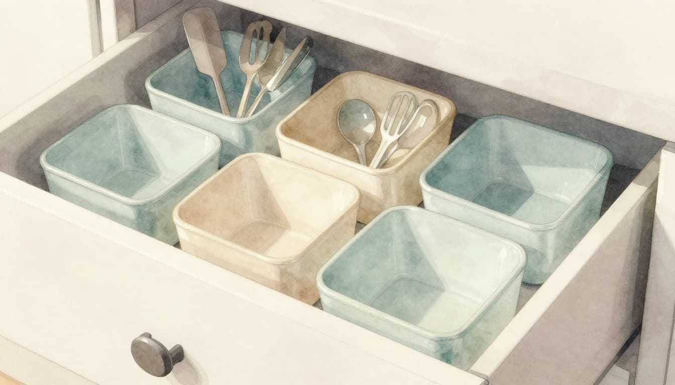 Close-up watercolor illustration of a neatly organized kitchen drawer with divided bins holding utensils and spices in small containers.