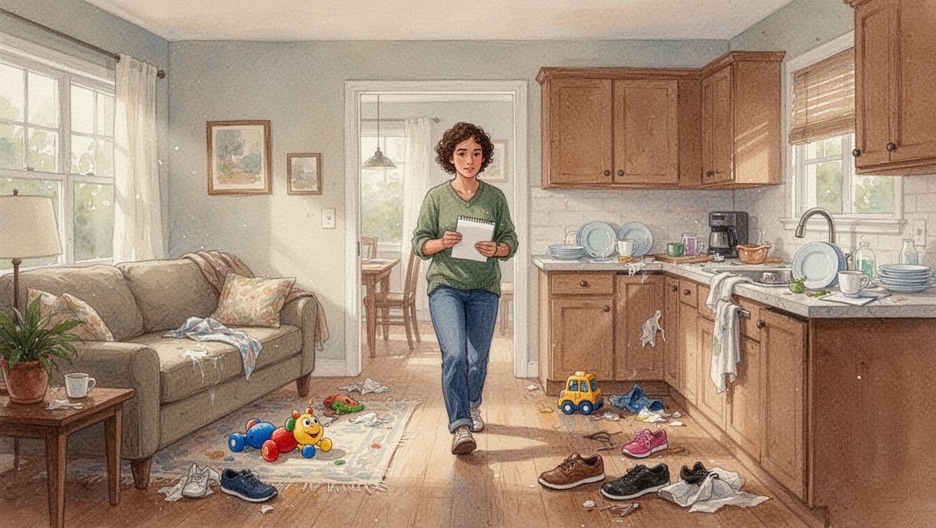 One person walks through a cozy US home from living room to kitchen, holding a notepad and spotting high-traffic messes like scattered toys, shoes, and dishes on counters, rendered in watercolor style with soft blending, visible brush texture, and warm earthy palette.