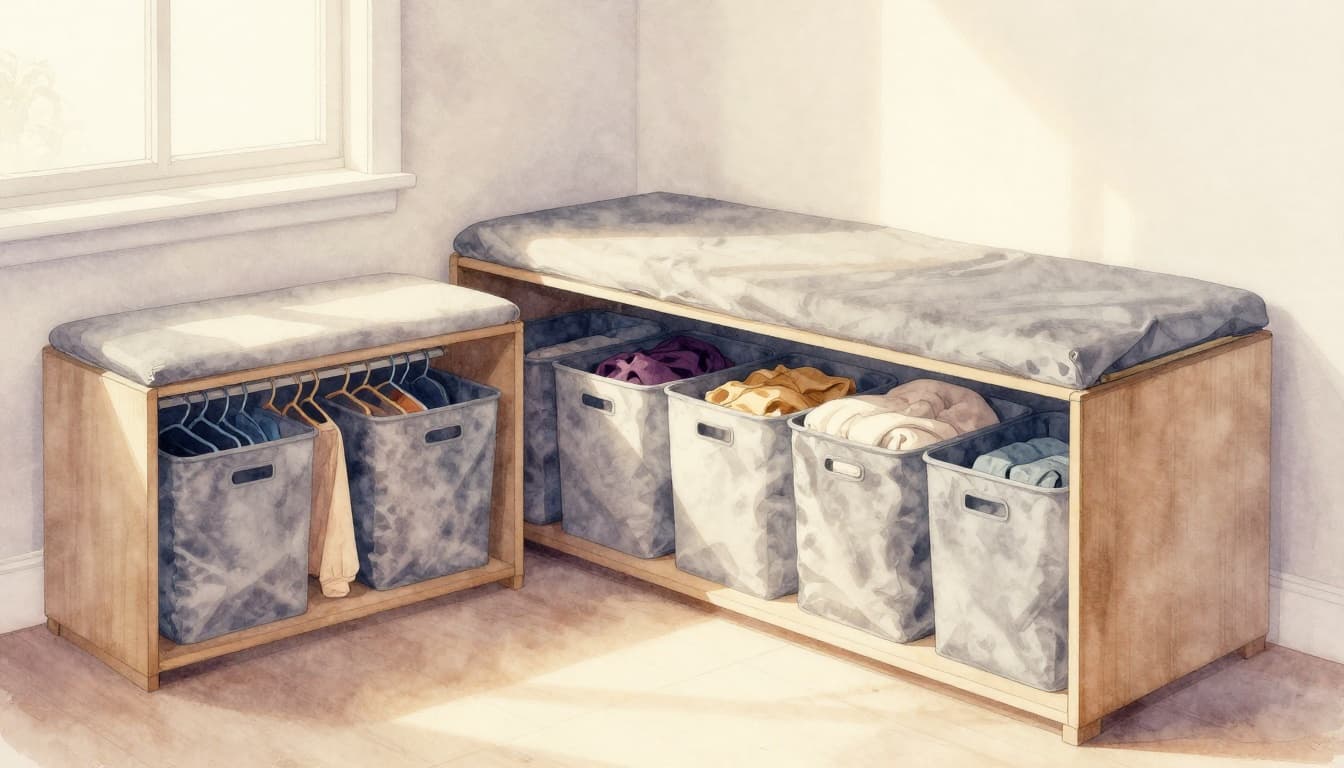 Watercolor illustration of a small tidy bedroom featuring under-bed storage bins, neatly hung clothes on velvet hangers, and an open storage bench with blankets.