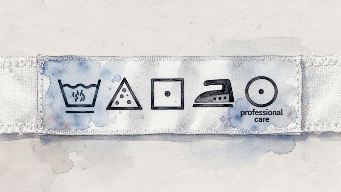 Watercolor-style illustration of a standard laundry care label on white fabric edge, featuring five main symbols in row: washtub for washing, triangle for bleaching, square for drying, iron for ironing, circle for professional care.