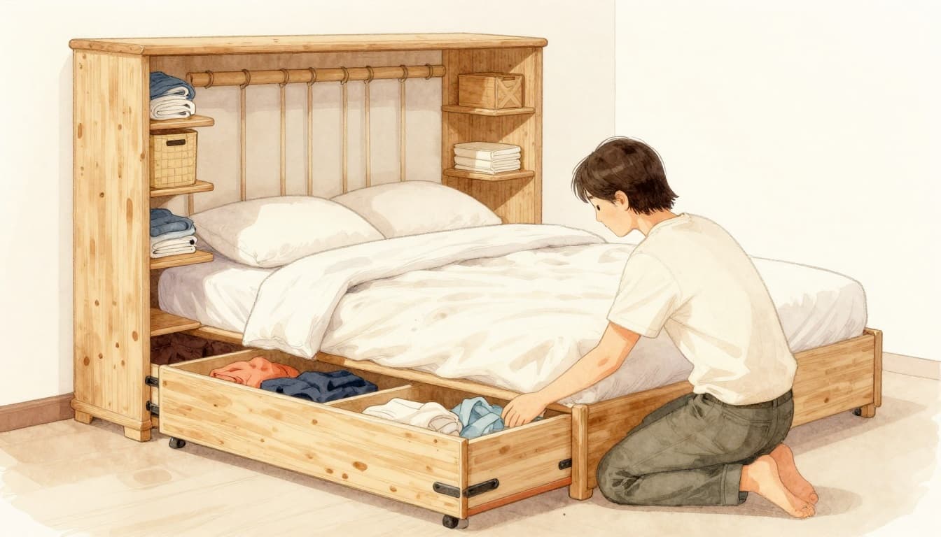 Watercolor illustration of a cozy bedroom with multifunctional storage including bed drawers, ottoman, wall shelves, and behind-door rack; one person kneeling to organize.