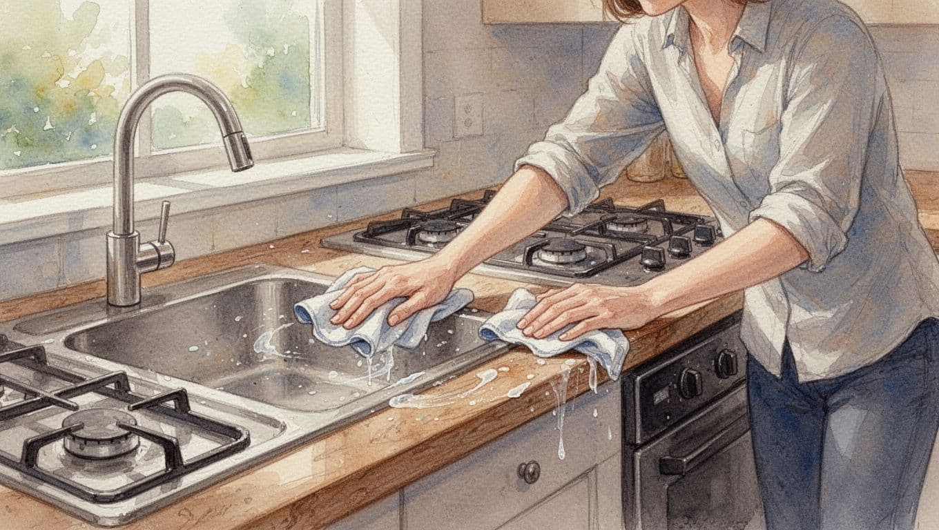 A person wiping kitchen counters, sink, and stovetop in a cozy home kitchen with natural light, shown in close-up watercolor style featuring soft blending, visible brush texture, and warm tones.