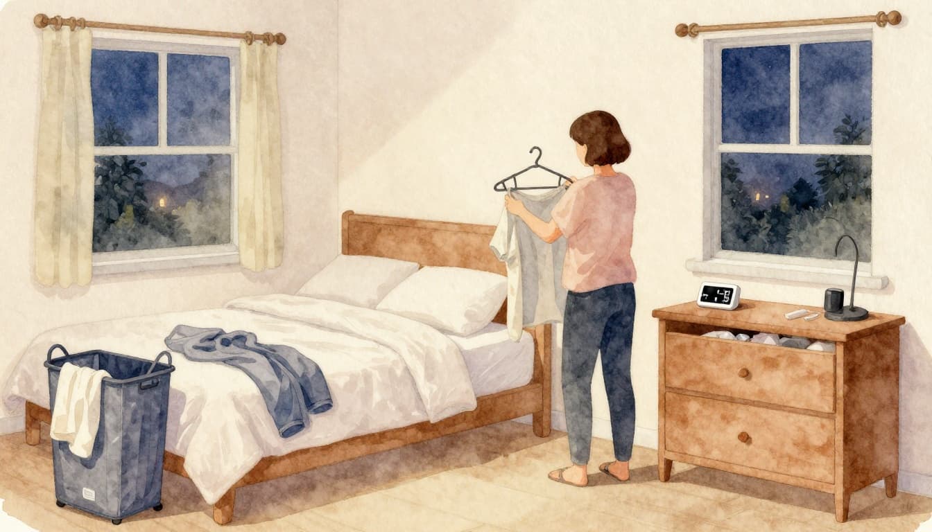 Watercolor illustration depicting a person in a relaxed pose performing a quick nighttime bedroom reset: making the bed with aligned pillows, sorting clothes into hamper and hanger, clearing nightstand into drawer, with a phone timer nearby, under warm evening light.