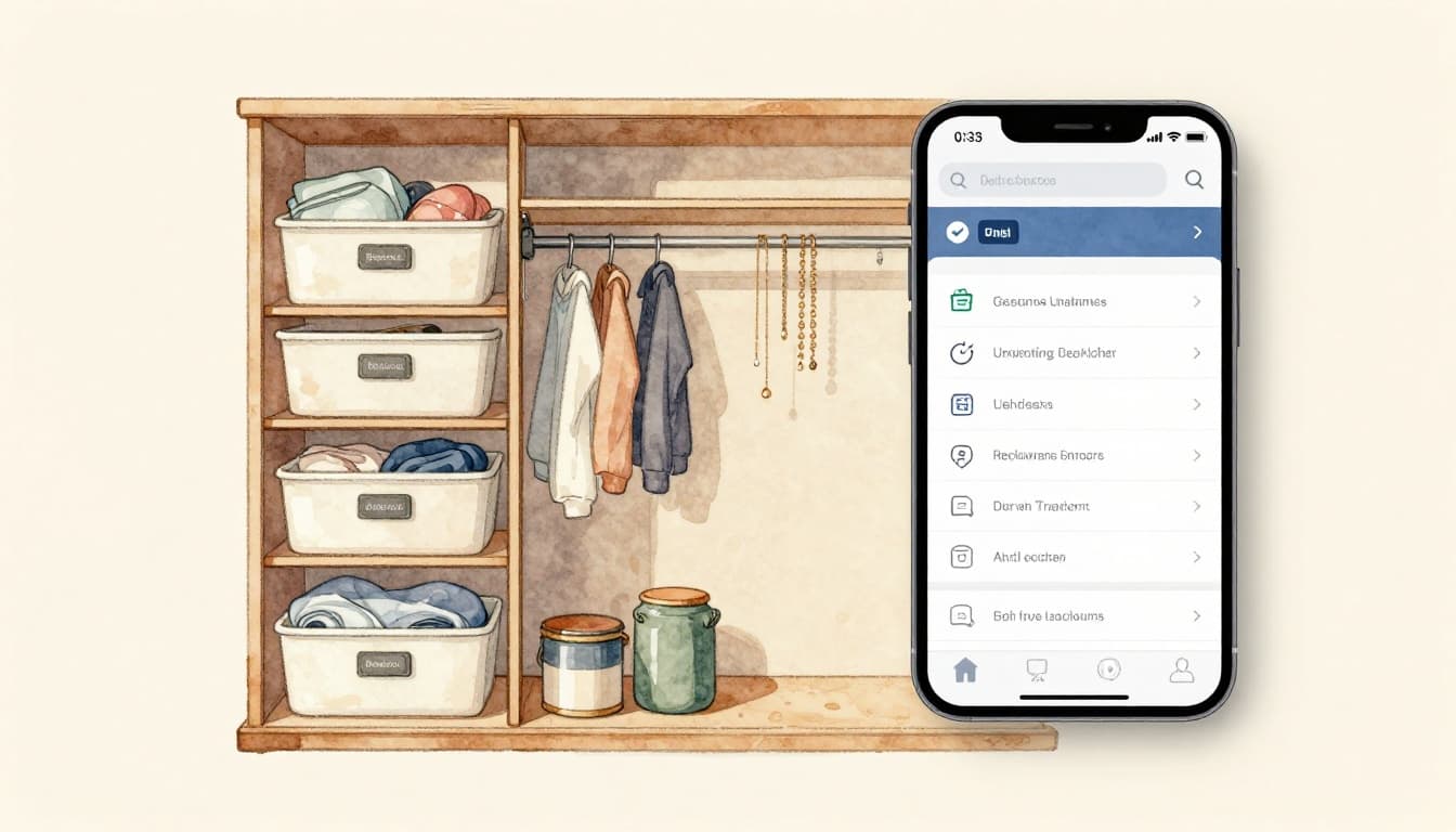 Watercolor illustration of an organized bedroom closet with labeled bins on shelves, blurred phone app showing inventory list, magnetic jewelry strips, eye-level items, natural light, soft beige tones, empty room focus.